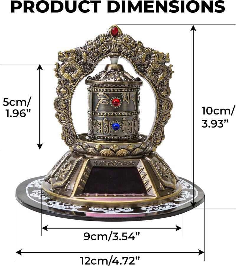 KH866 Premium Tibetan Prayer Wheel – Silent Spinning Om Mani Padme Hum Solar Powered Car, Table Top Buddhist Ornaments for Meditation, Yoga, Relaxation, Decorations – Bronze Color - Image 2